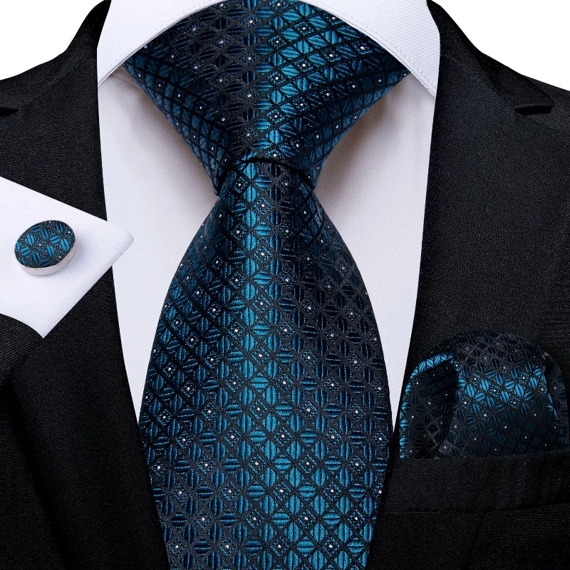 Men's tie with a contrasting edge-DiBanGu Dress Tie Dark Cyan Plaid Men's Silk Tie Pocket Square Cufflinks Set