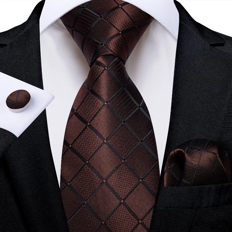 Stylish men's tie for date night-DiBanGu Dress Tie Deep Brown Plaid Men's Silk Tie Pocket Square Cufflinks Set