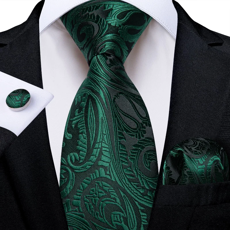 Elegant men's tie for the office-DiBanGu Dress Tie Deep Green Paisley Men's Silk Tie Handkerchief Cufflinks Set