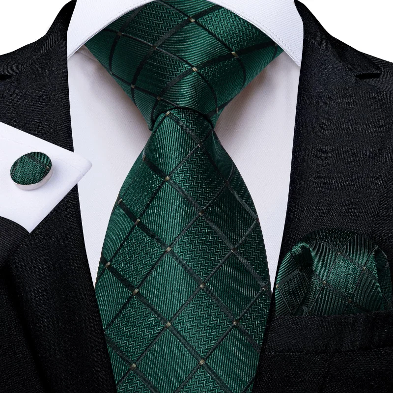 Affordable men's silk tie for work-DiBanGu Dress Tie Deep Green Plaid Men's Silk Tie Pocket Square Cufflinks Set