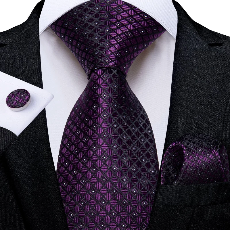 Men's tie for a garden party-DiBanGu Dress Tie Deep Purple Plaid Men's Silk Tie Handkerchief Cufflinks Set