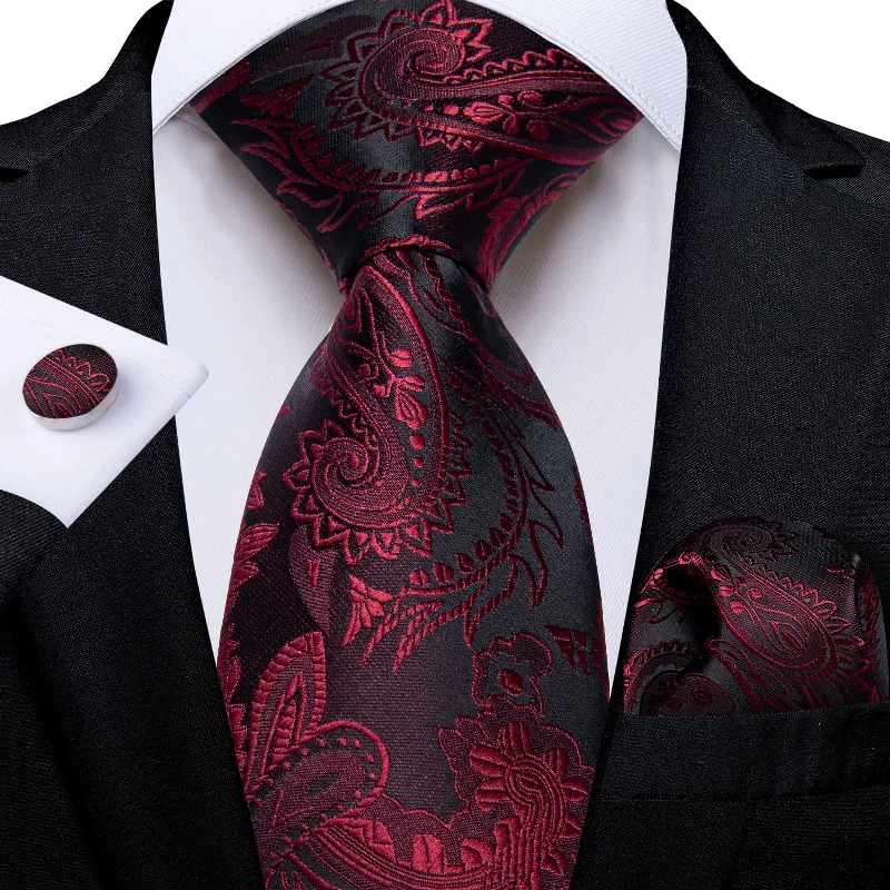 Modern men's tie with graphic print-DiBanGu Dress Tie Deep Red Paisley Men's Silk Tie Handkerchief Cufflinks Set