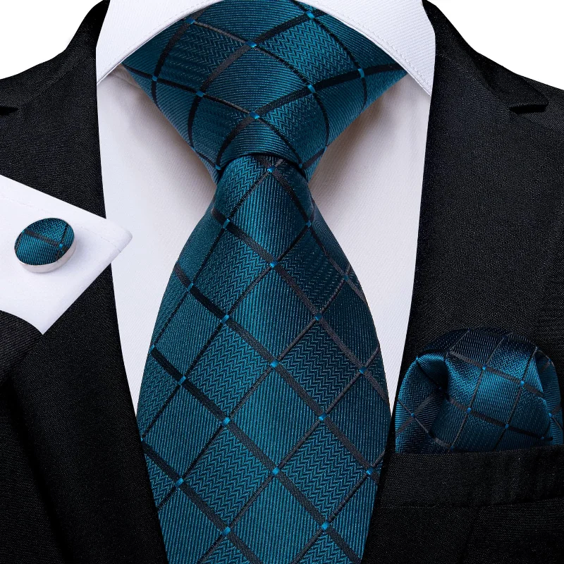 Casual men's tie with subtle design-DiBanGu Dress Tie Deep Teal Plaid Men's Silk Tie Pocket Square Cufflinks Set