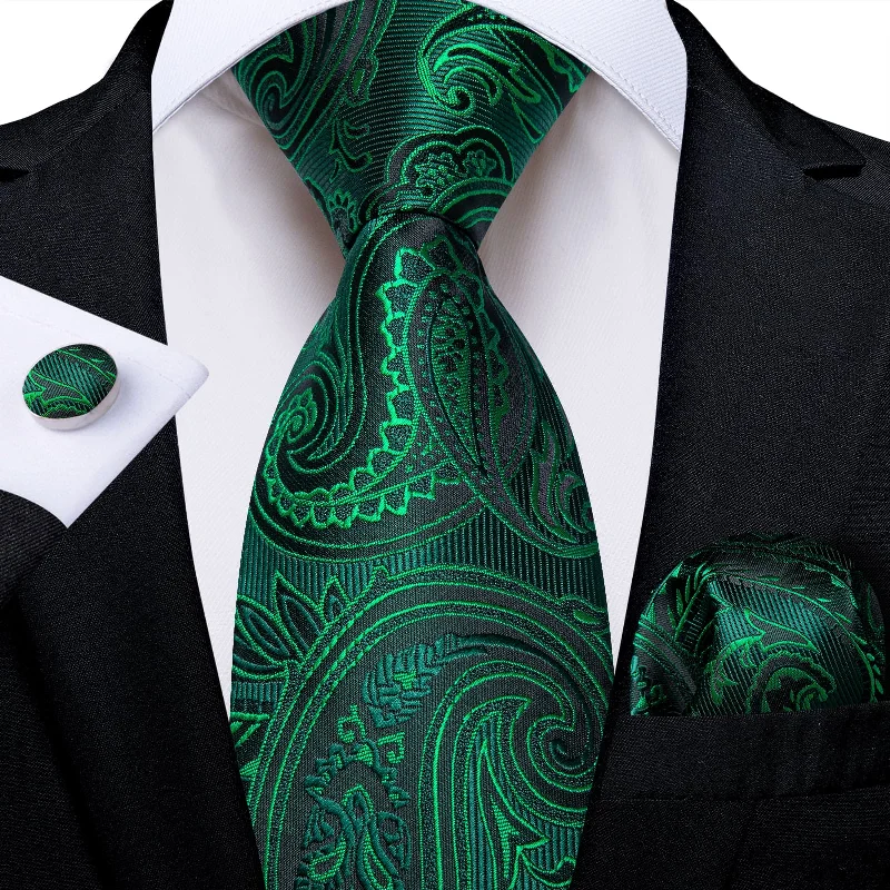 Best men's silk necktie for interviews-DiBanGu Dress Tie Emerald Green Paisley Men's Silk Tie Handkerchief Cufflinks Set