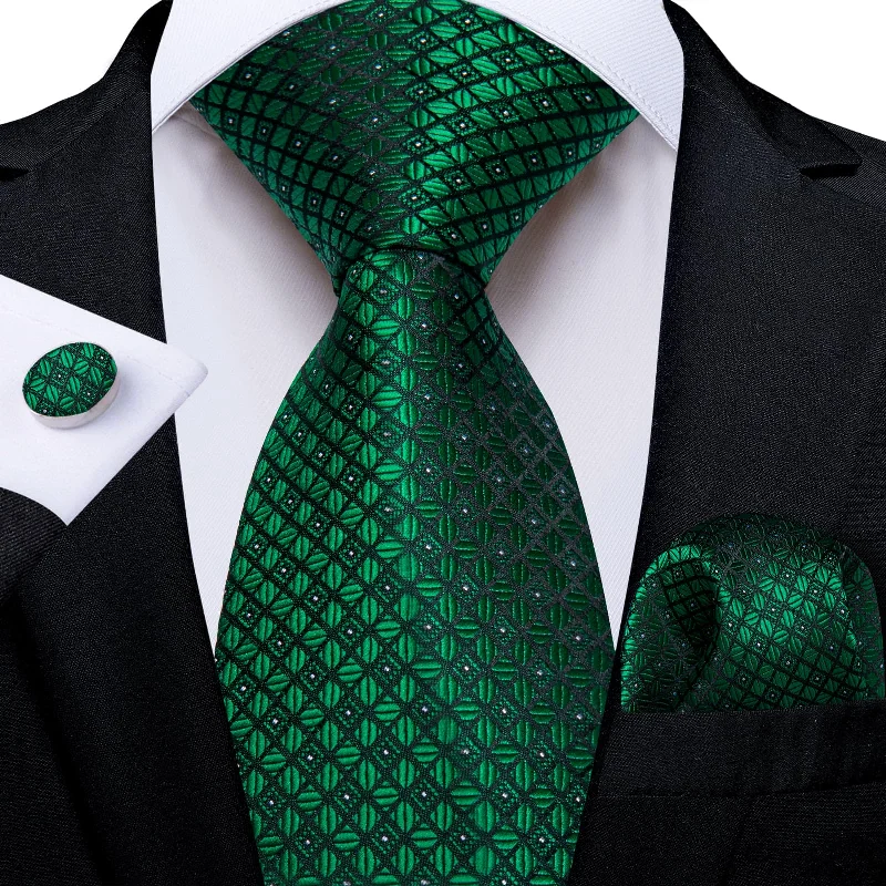 Classic men's tie for weddings-DiBanGu Dress Tie Emerald Green Plaid Men's Silk Tie Handkerchief Cufflinks Set