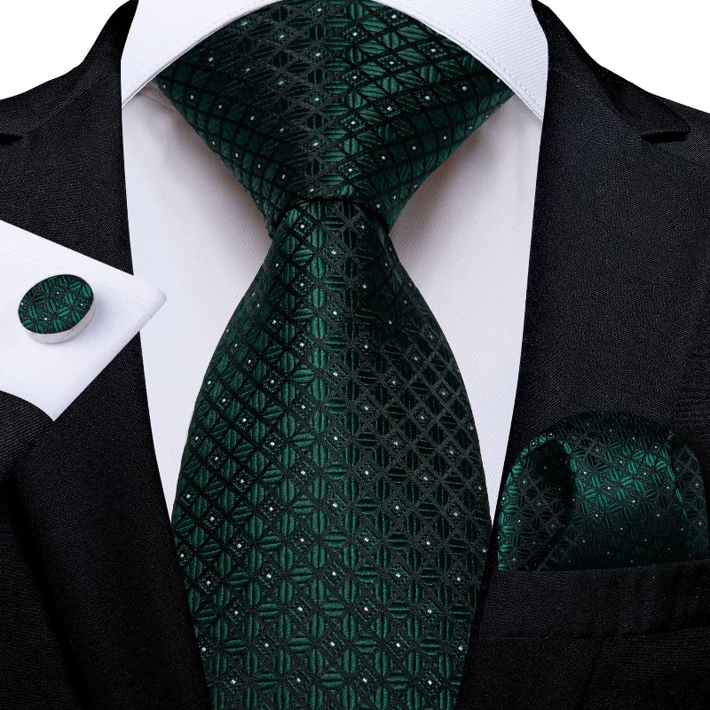 Men's checkered tie for business-DiBanGu Dress Tie Forest Green Plaid Men's Silk Tie Handkerchief Cufflinks Set