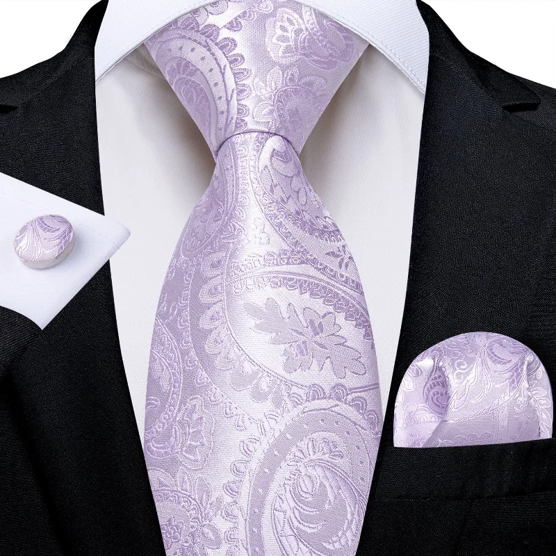 Stylish men's tie with stripes for work-DiBanGu Dress Tie Lavender Purple Paisley Men's Silk Tie Hanky Cufflinks Set