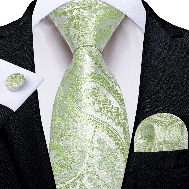 Men's tie with checkered pattern for formal wear-DiBanGu Dress Tie Lime Green Paisley Men's Silk Tie Hanky Cufflinks Set