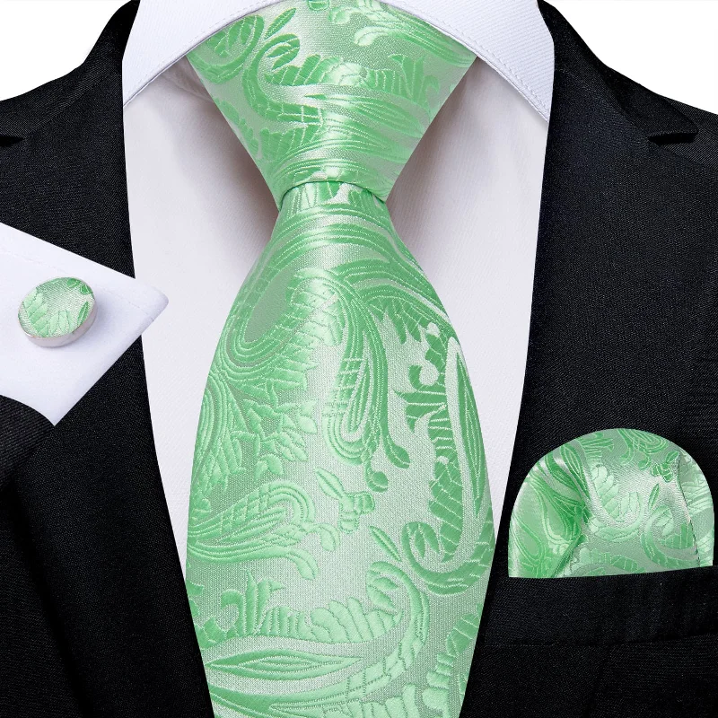 Men's tie with luxurious satin finish-DiBanGu Dress Tie Mint Green Paisley Men's Silk Tie Hanky Cufflinks Set