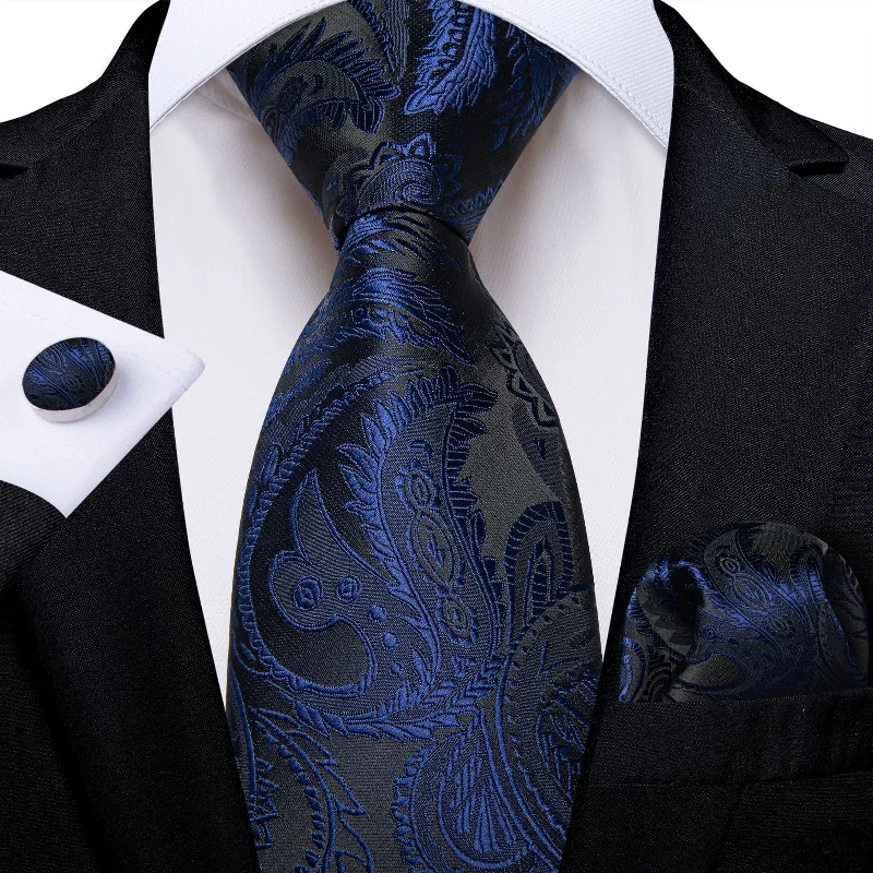 Best men's tie with solid colors for interviews-DiBanGu Dress Tie Navy Blue Floral Men's Silk Tie Handkerchief Cufflinks Set