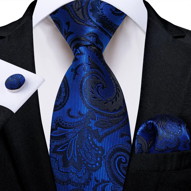 Unique men's tie for formal occasions-DiBanGu Dress Tie Navy Blue Floral Men's Silk Tie Handkerchief Cufflinks Set