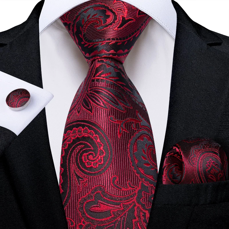 Stylish tie with vibrant colors for weddings-DiBanGu Dress Tie Red Paisley Men's Silk Tie Handkerchief Cufflinks Set