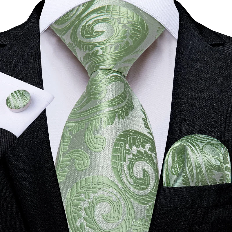 Unique silk tie with multi-color patterns-DiBanGu Dress Tie Sage Green Paisley Men's Silk Tie Hanky Cufflinks Set