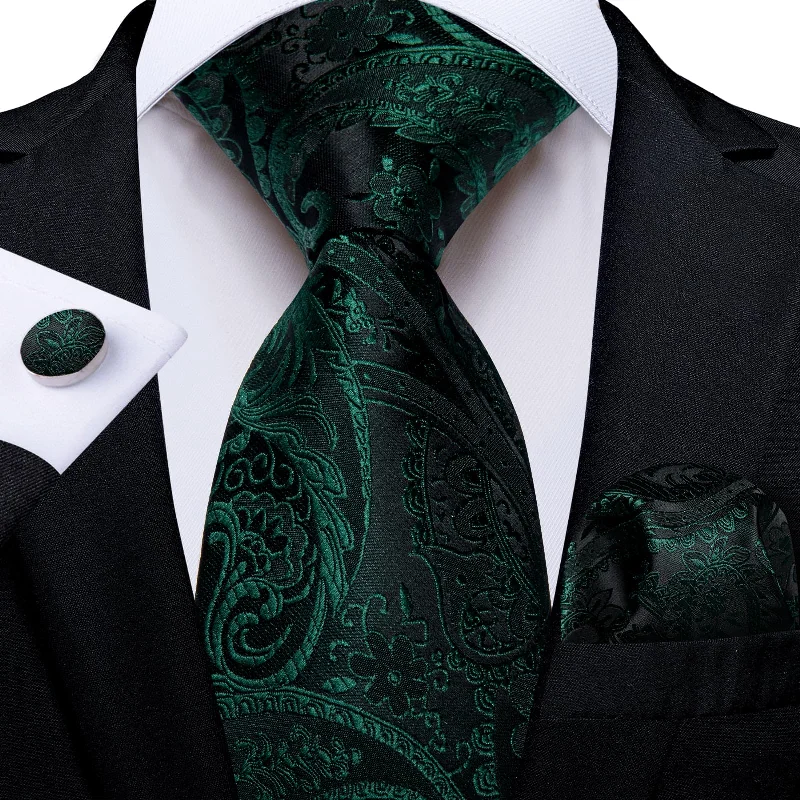 Best men's necktie for job interviews-DiBanGu Dress Tie Sapphire Pine Green Paisley Men's Silk Tie Hanky Cufflinks Set