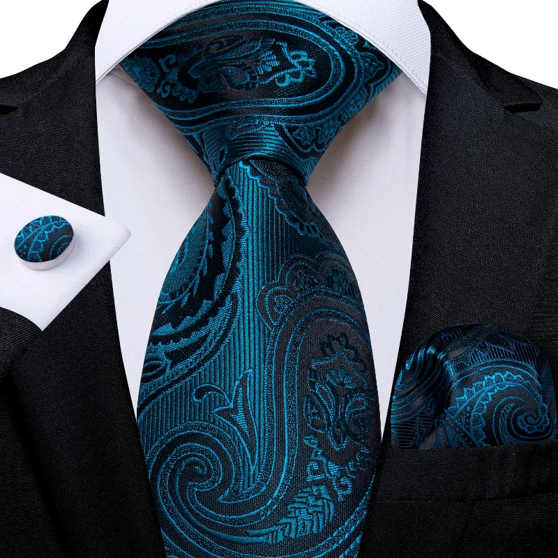 Best tie for holiday and corporate events-DiBanGu Dress Tie Teal Floral Men's Silk Tie Handkerchief Cufflinks Set