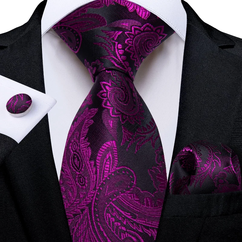 Trendy tie for young professionals-DiBanGu Dress Tie Violet Purple Floral Men's Silk Tie Handkerchief Cufflinks Set