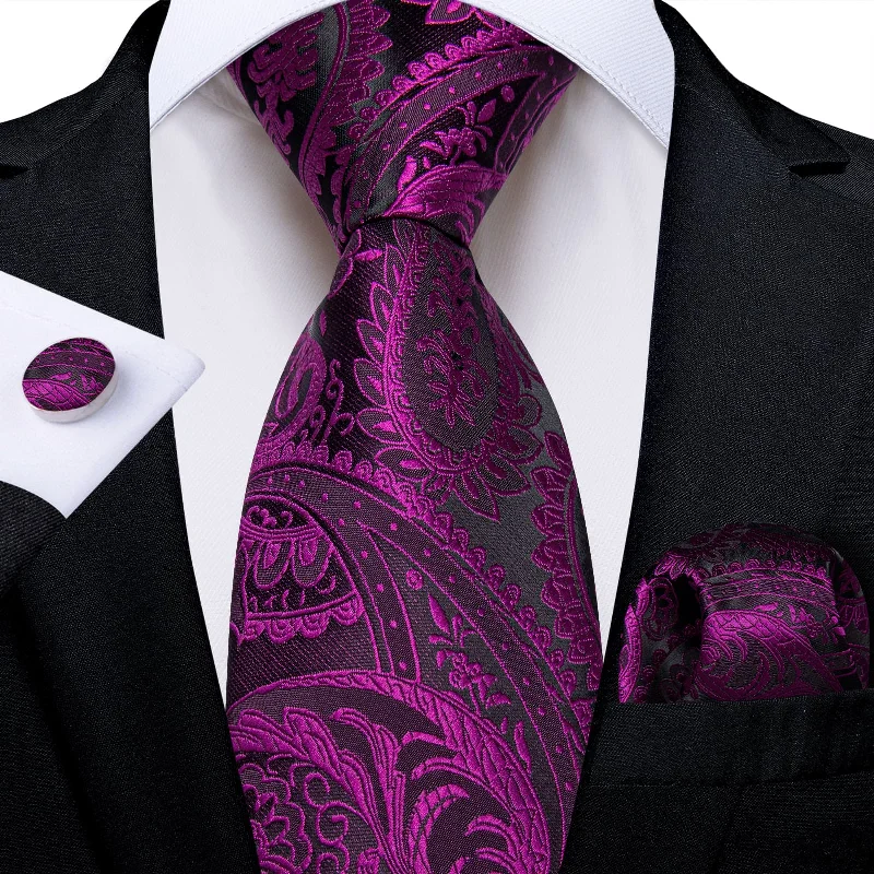 Men's navy blue tie-DiBanGu Dress Tie Violet Purple Paisley Men's Silk Tie Handkerchief Cufflinks Set