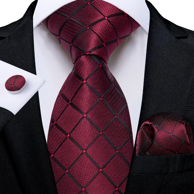 Stylish men's tie with geometric pattern-DiBanGu Dress Tie Wine Red Plaid Men's Silk Tie Pocket Square Cufflinks Set