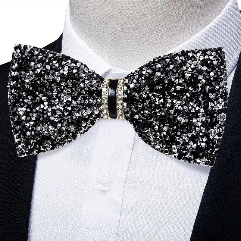 Modern men's tie with geometric design-DiBanGu Imitation Diamond Bow Tie Black Silver Crystal Men's Pre Tied Bow Ties