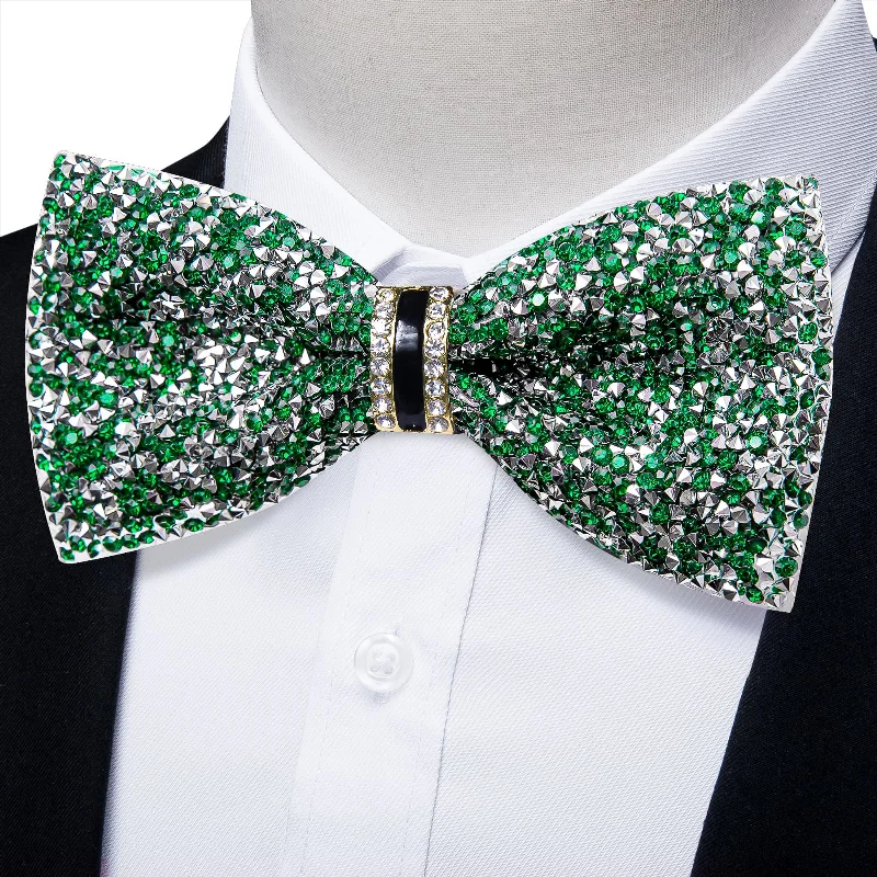 Classic men's tie for weddings-DiBanGu Imitation Diamond Bow Tie Green Silver Crystal Men's Pre Tied Bow Ties