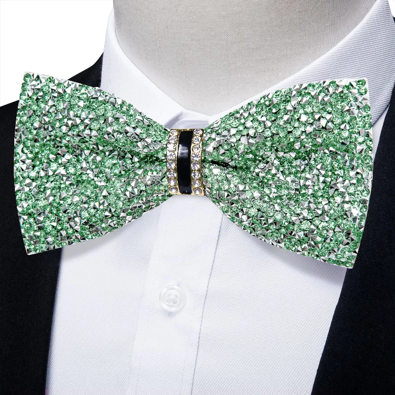 Affordable men's silk tie for work-DiBanGu Imitation Diamond Bow Tie Green Silver Crystal Men's Pre Tied Bow Ties