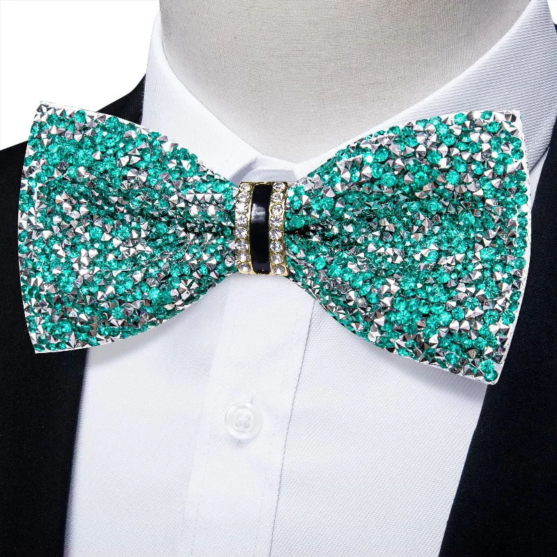 Best men's tie for black tie events-DiBanGu Imitation Diamond Bow Tie Pale Teal Silver Crystal Men's Pre Tied Bow Ties