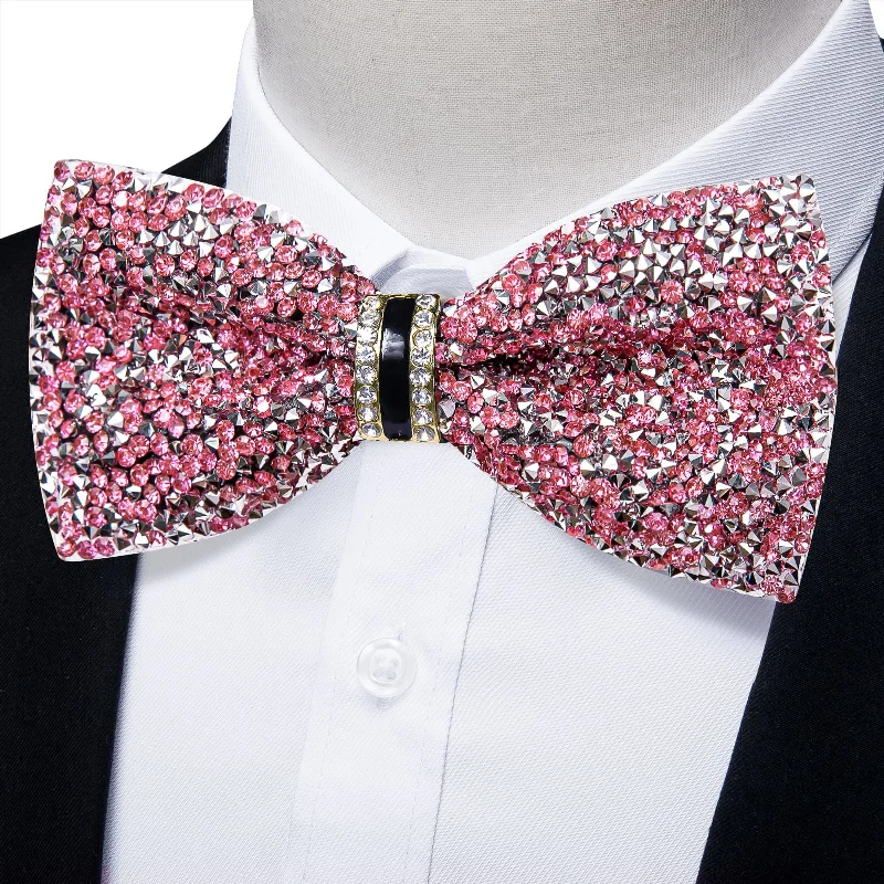 Men's checkered tie for business-DiBanGu Imitation Diamond Bow Tie Pink Silver Crystal Men's Pre Tied Bow Ties