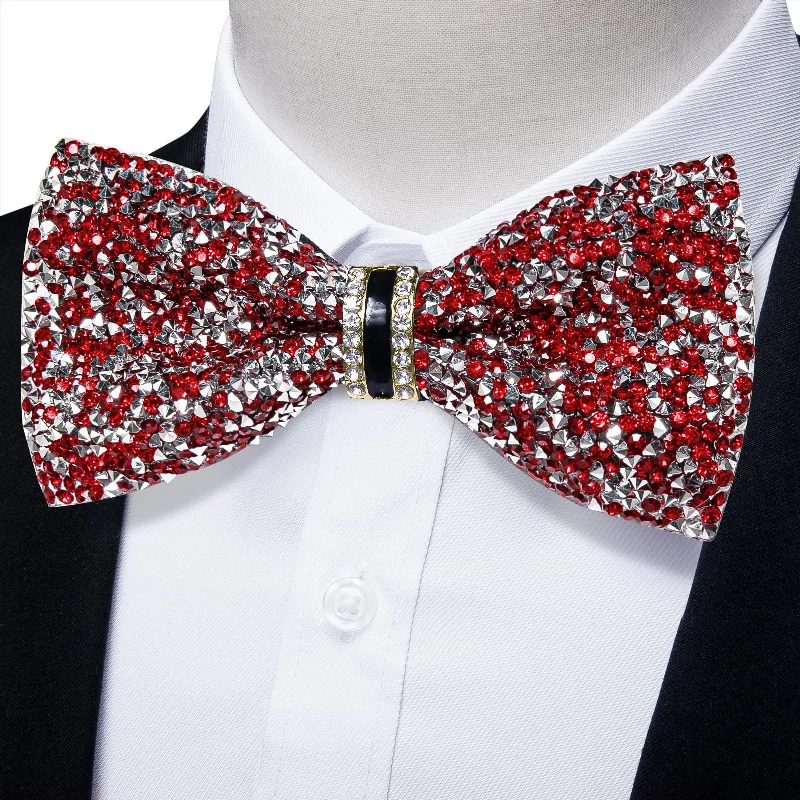 Men's tie with floral patterns-DiBanGu Imitation Diamond Bow Tie Red Silver Crystal Men's Pre Tied Bow Ties