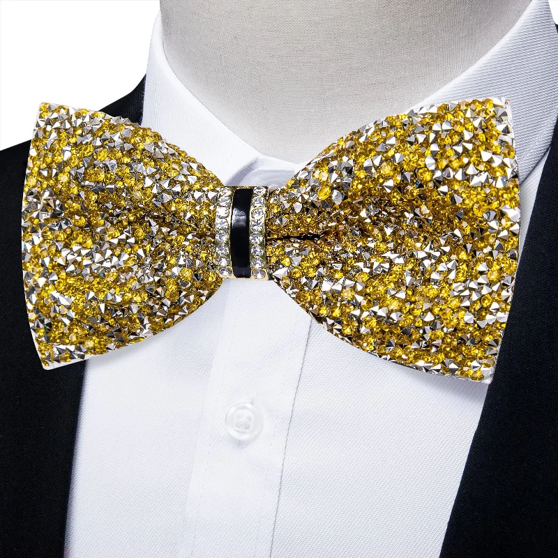 Men's tie for a garden party-DiBanGu Imitation Diamond Bow Tie Yellow Silver Crystal Men's Pre Tied Bow Ties