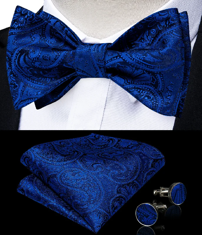 Men's tie with houndstooth pattern-DiBanGu Mens Bow Tie Blue Paisley Silk Self-Bowtie Pocket Square Cufflinks Set