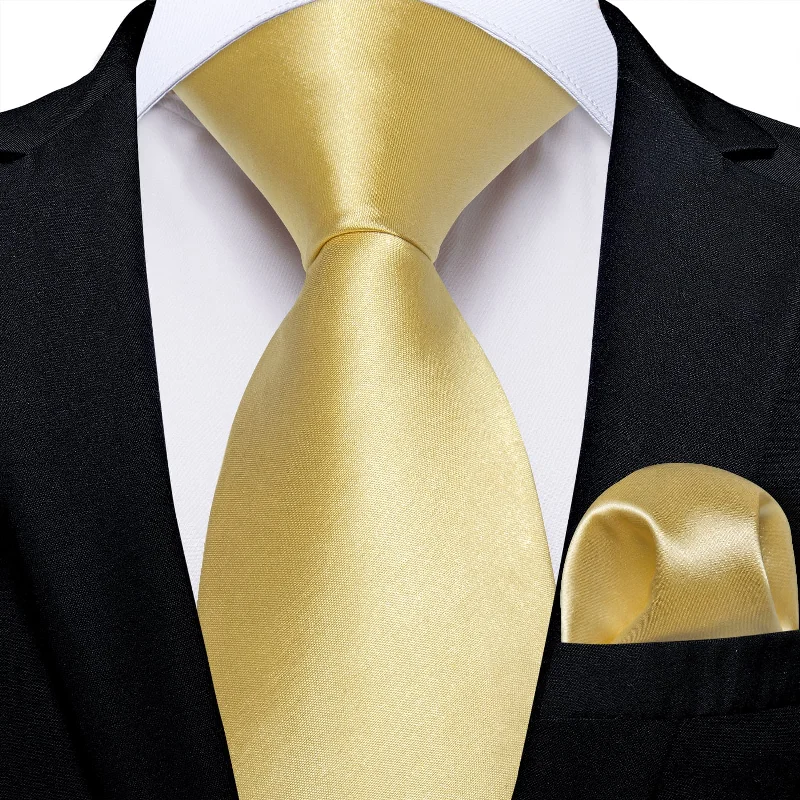 Trendy men's tie for weddings-DiBanGu Mens Necktie Macaroon Yellow Solid Silk Tie Set