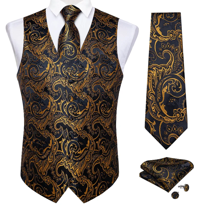 Men's tie with modern square design-DiBanGu Men's Vest Black Gold Jacquard Floral Silk Vest Necktie Set