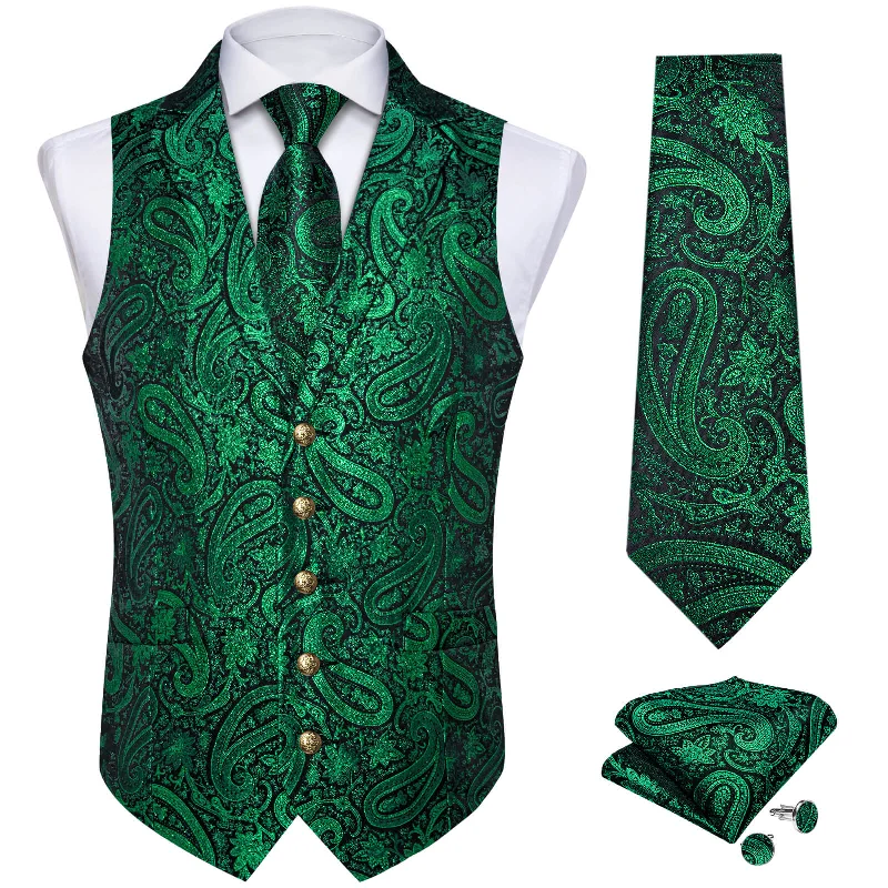 Best men's tie for holiday season events-DiBanGu Men's Vest Dark Green Paisley Silk Waistcoat Suit Vest Tie Set