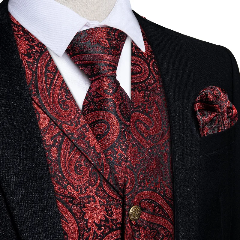 Men's tie with vibrant floral print-DiBanGu Men's Vest Dark Red Paisley Silk Waistcoat Suit Vest Tie Set