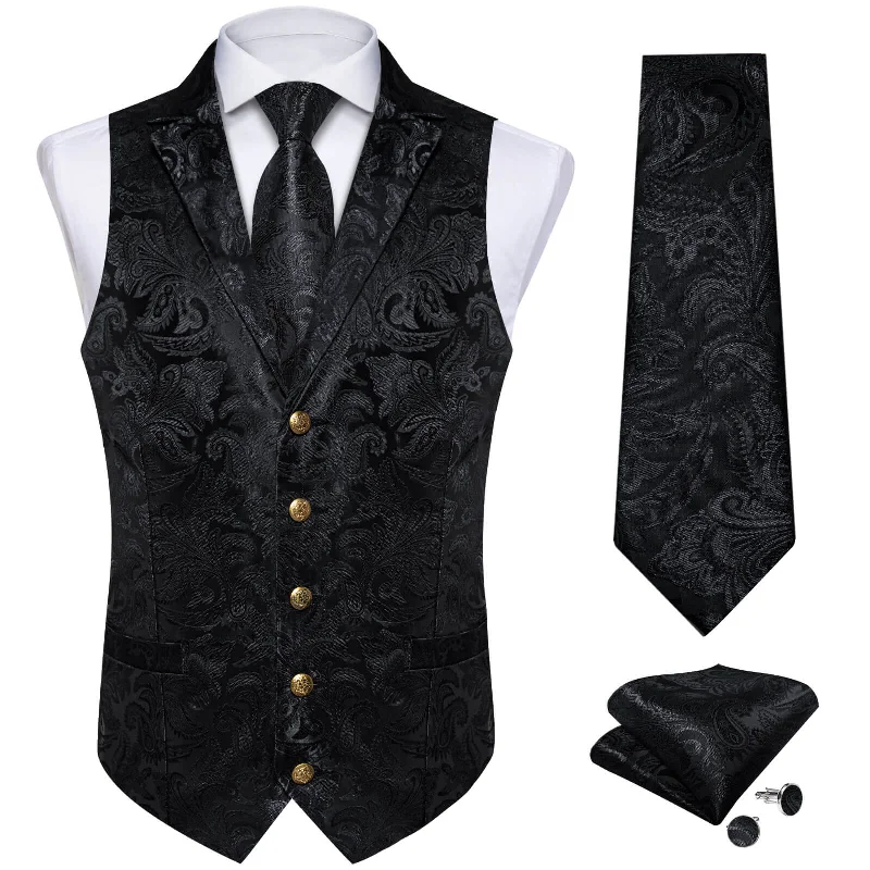 Stylish men's tie with bold textures-DiBanGu Men's Vest Midnight Black Woven Floral Silk Suit Vest Tie Set