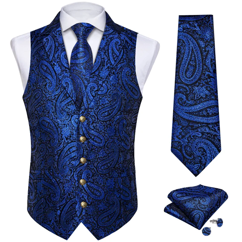 Men's tie for corporate gatherings-DiBanGu Men's Vest Navy Blue Paisley Silk Waistcoat Suit Vest Tie Set