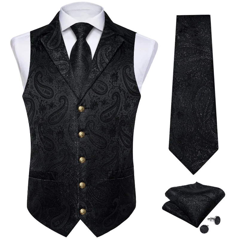 Men's tie with artistic geometric design-DiBanGu Men's Vest Obsidian Black Woven Paisley Silk Suit Vest Tie Set