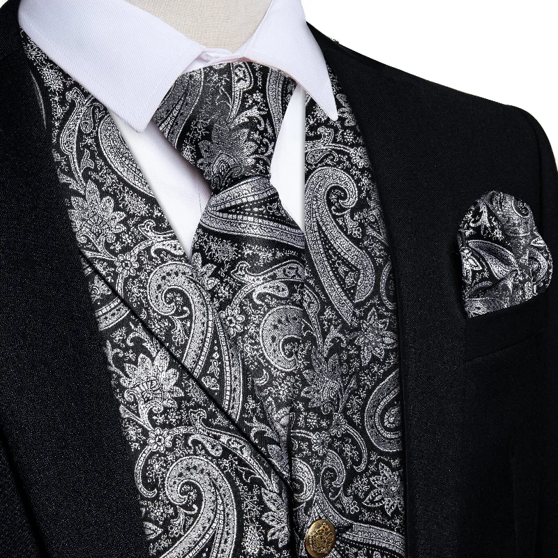 Best tie for men's holiday parties-DiBanGu Men's Vest Silver Grey Paisley Silk Waistcoat Suit Vest Tie Set