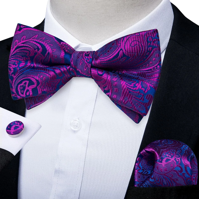 Classic black silk tie for formal events-DiBanGu Purple Blue Floral Silk Mens Pre-Tied Bowtie Pocket Square Cufflinks Set