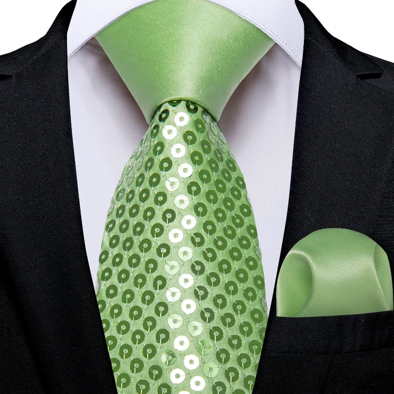 Designer men's tie for upscale meetings-DiBanGu Sequin Tie Apple Green Solid Mens Dress Tie Pocket Square Set for Party