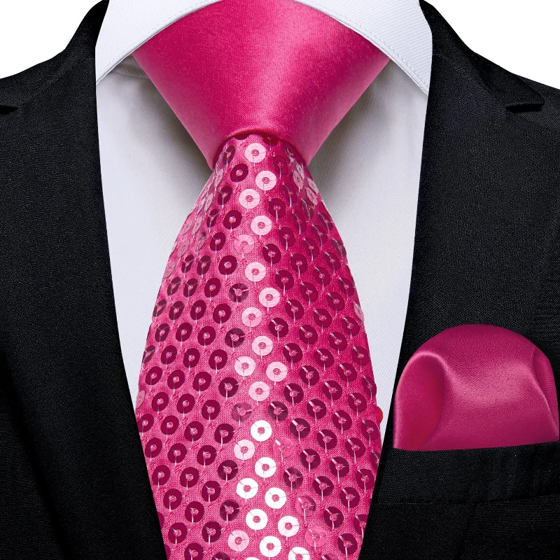 Best silk tie for job interviews-DiBanGu Sequin Tie Deep Pink Solid Mens Dress Tie Pocket Square Set for Fashion