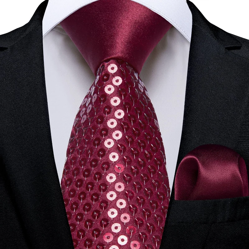 Trendy tie for young professionals-DiBanGu Sequin Tie Wine Red Solid Mens Dress Tie Pocket Square Set for Wedding