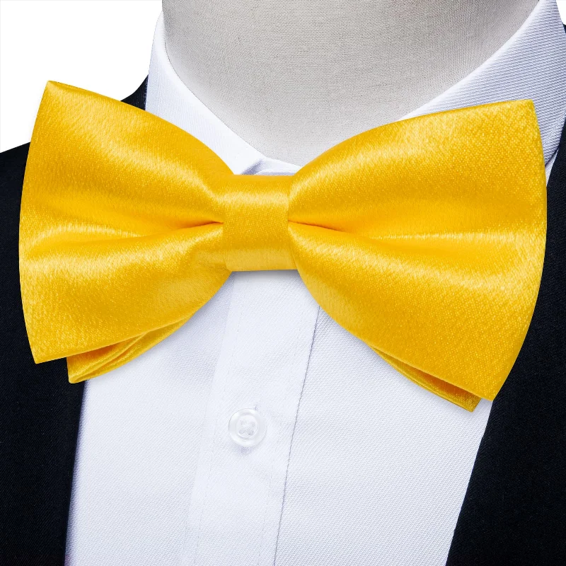 Men's tie for summer office wear-DiBanGu Silk Bow Tie Shining Butter Yellow Solid Mens Pre-Tied Bowtie Handkerchief Cufflinks Set