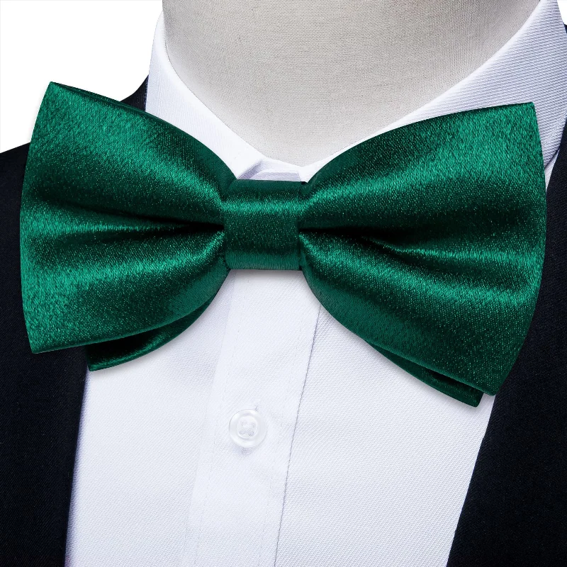 Men's tie for classic professional look-DiBanGu Silk Bow Tie Shining Pine Green Solid Mens Pre-Tied Bowtie Handkerchief Cufflinks Set