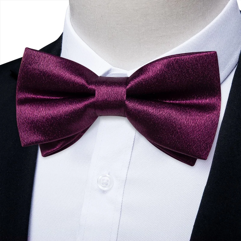 Trendy men's tie with plaid print-DiBanGu Silk Bow Tie Shining Plum Purple Solid Mens Pre-Tied Bowtie Handkerchief Cufflinks Set