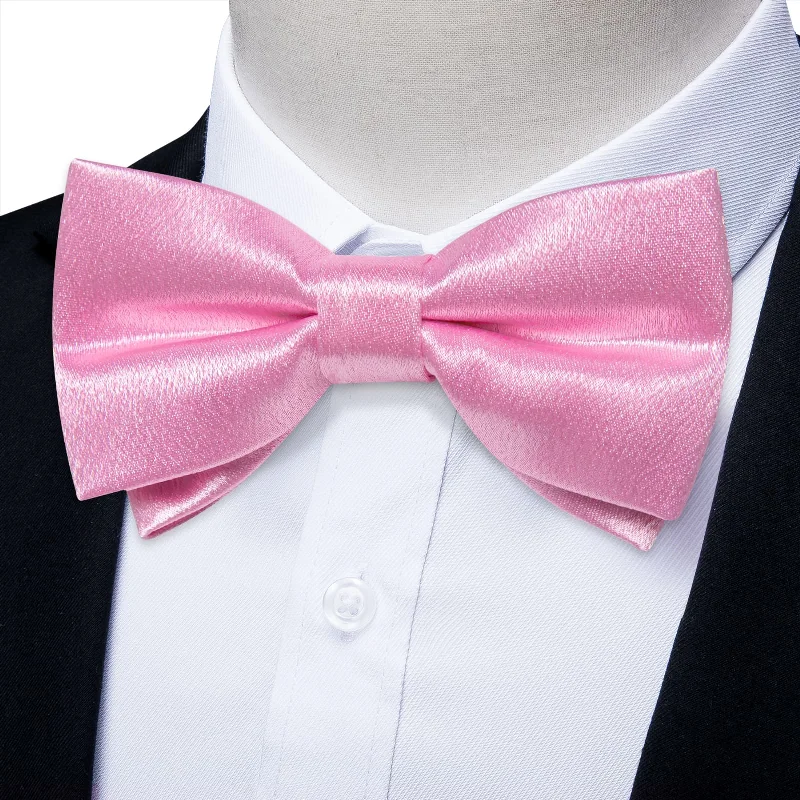 Men's tie for business dinner events-DiBanGu Silk Bow Tie Shining Taffy Pink Solid Mens Pre-Tied Bowtie Handkerchief Cufflinks Set