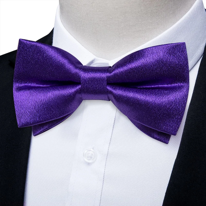 Stylish tie with vibrant color palette-DiBanGu Silk Bow Tie Shining Violet Purple Solid Mens Pre-Tied Bowtie Handkerchief Cufflinks Set