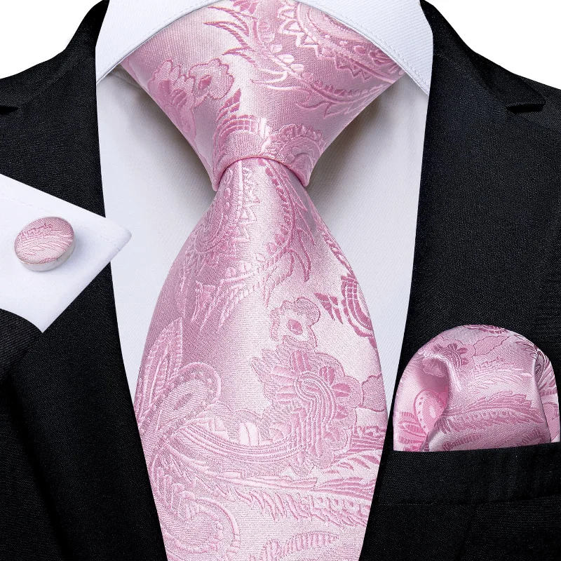 Elegant men's tie for office meetings-DiBanGu Silk Necktie Blush Pink Floral Mens Dress Tie Pocket Square Cufflinks Set