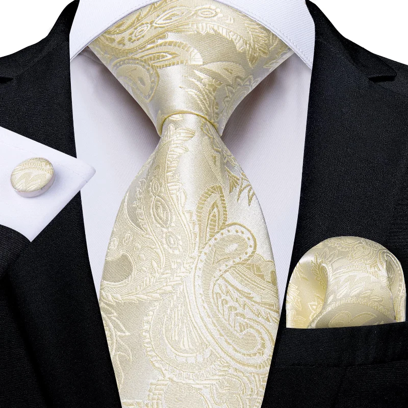 Men's tie with contrasting colors-DiBanGu Silk Necktie Champagne Paisley Mens Dress Tie Pocket Square Cufflinks Set