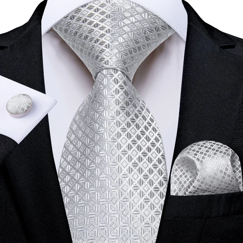 Men's tie for festive dinner parties-DiBanGu Silk Necktie Cloud Grey Plaid Mens Dress Tie Pocket Square Cufflinks Set